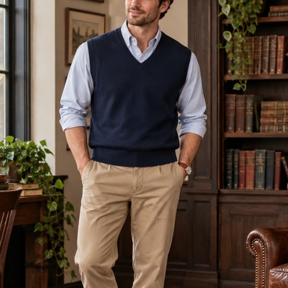 Samar Navy Blue Merino Wool Blend V-Neck Sweater Vest Gilet Mens Large